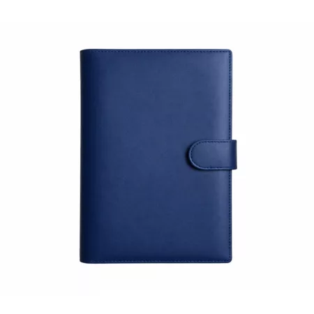 Portada de agenda personalizada Mora Cueros, modelo Premium con correa, color azul