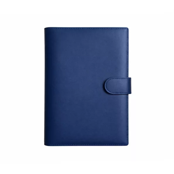 Portada de agenda personalizada Mora Cueros, modelo Premium con correa, color azul
