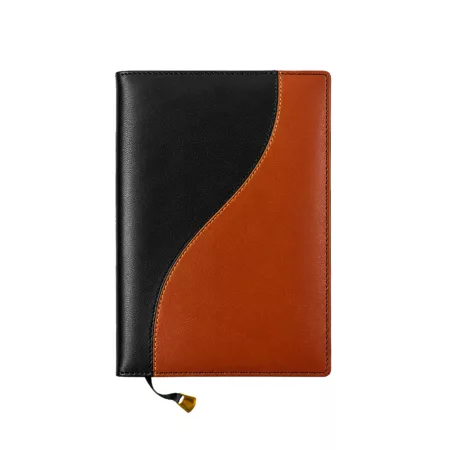 Agenda ejecutiva de cuero 2027 bicolor negro y caramelo con diseño curvo – Mora Cueros