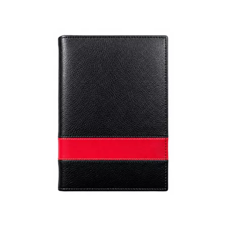 Agenda ejecutiva 2027 de biocuero negro y rojo granate, diseño bicolor elegante de Mora Cueros.