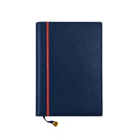 Agenda premium de cuero azul marino texturizado 2027 con franja vertical granate