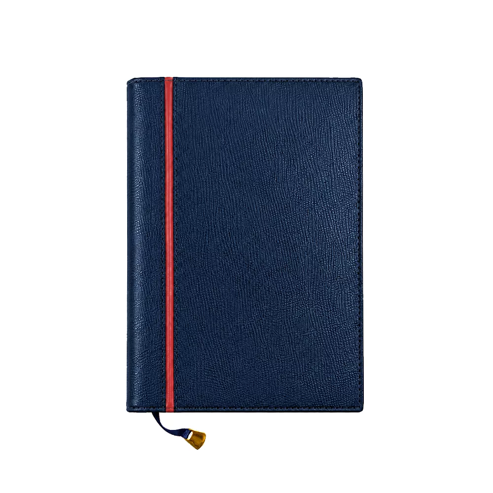 Agenda Premium 2027 Azul Marino / Granate – Mora Cueros Agenda premium de cuero azul marino texturizado 2027 con franja vertical granate
