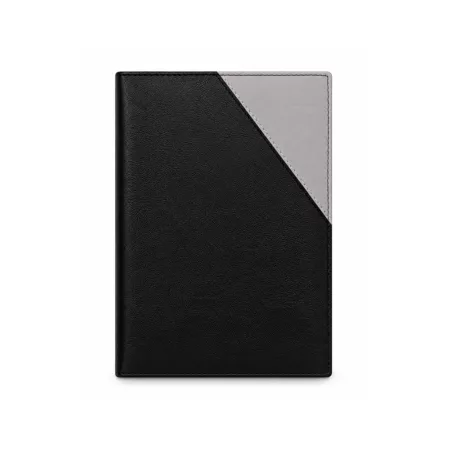 Agenda diaria 2027 de biocuero negro y gris grafito, con diseño bicolor elegante de Mora Cueros.